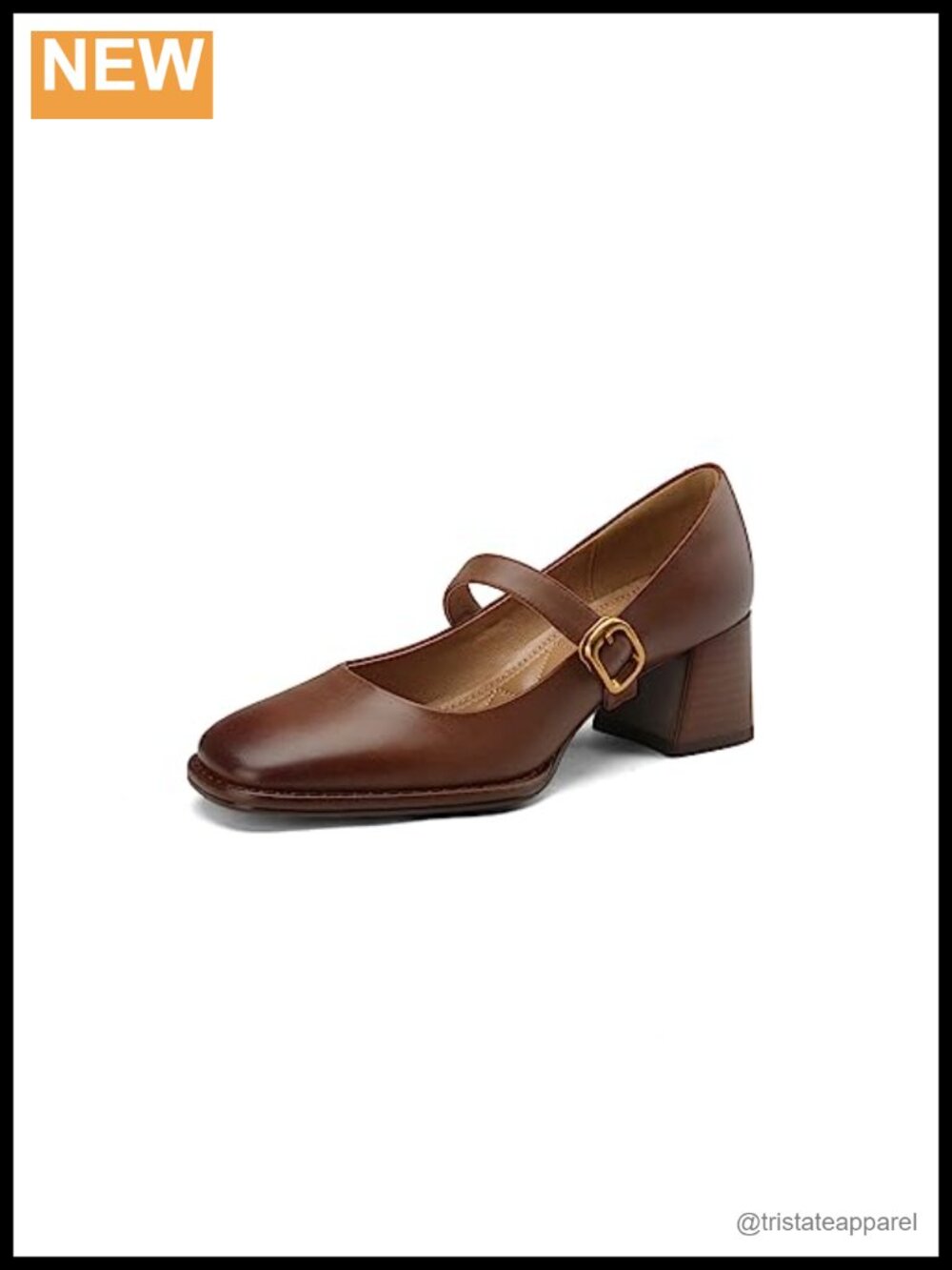 Genuine Leather Mary Jane Pumps Square Toe Mid Chunky Heel
